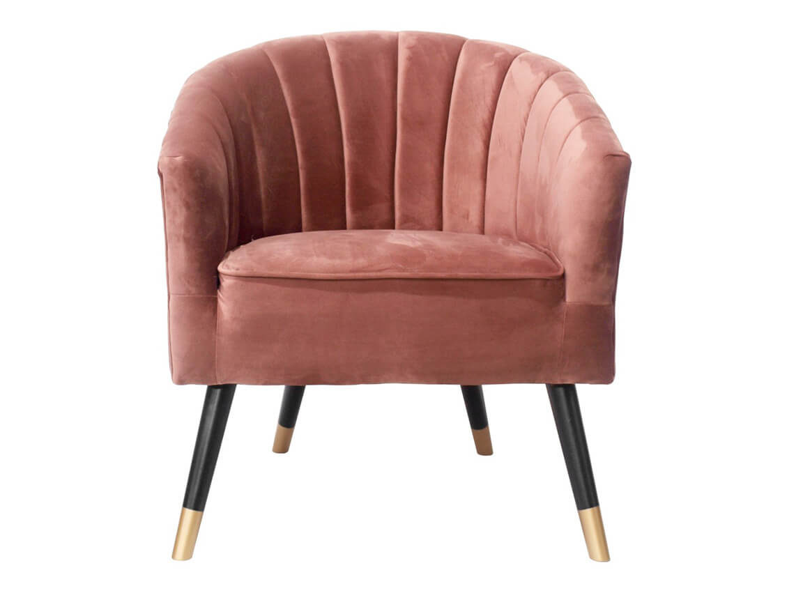 Udlejning / leje af armstol i rosa velour. Flot armstol udlejes. Se også matchende sofaer og chaiselong. Lejepris pr. dag kr. 695,-